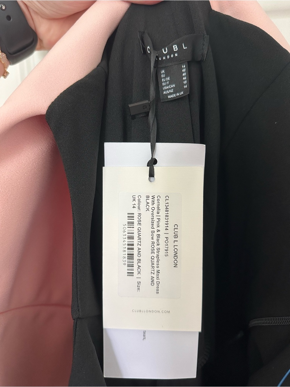 Club L London Cornelia Pink & Black Strapless Maxi Dress With Oversized Bow - Picture 4 of 4